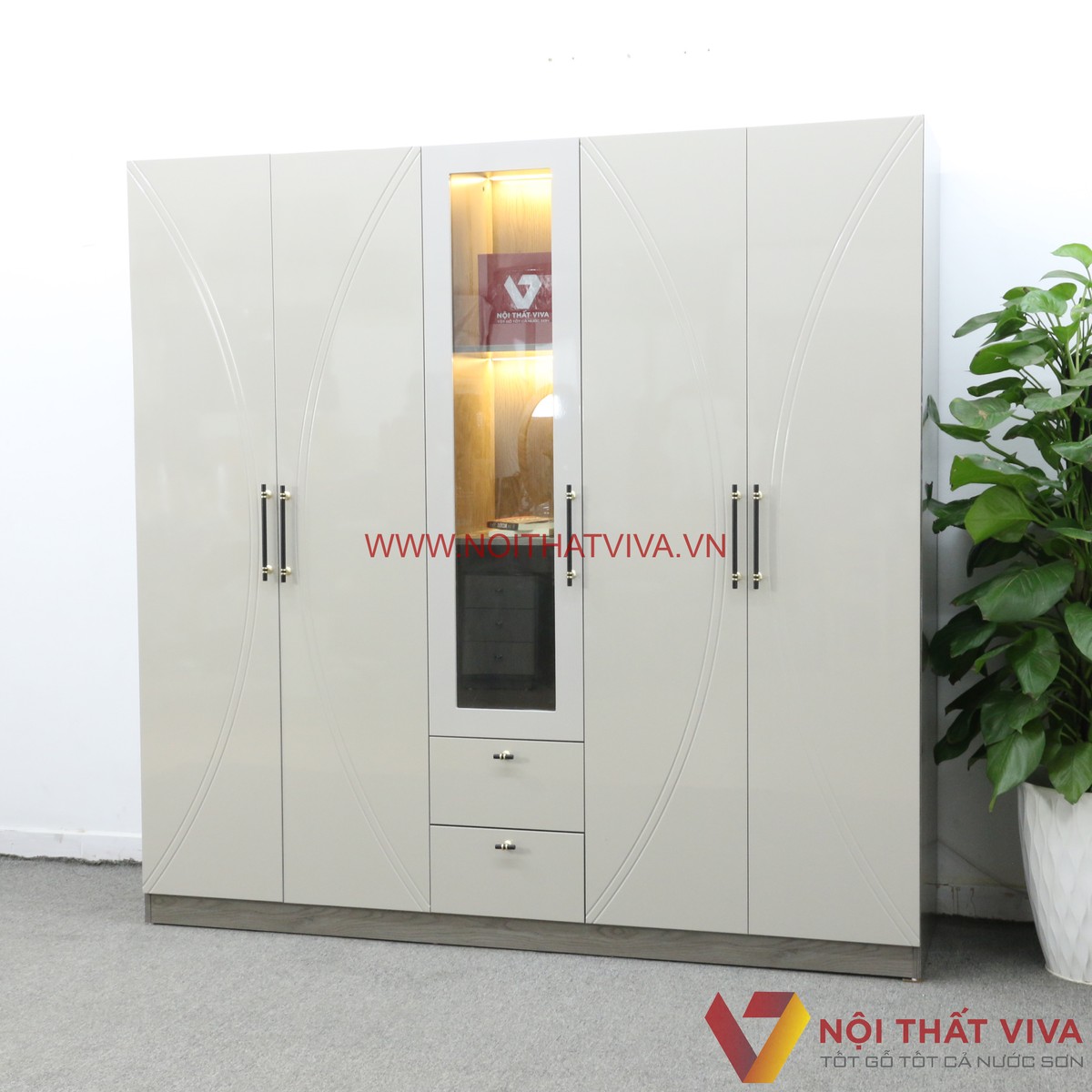 Tủ Quần Áo Thông Minh Hiện Đại 5 Cánh Sơn 2K Màu Xám Chạm Hoạ Tiết Đẹp