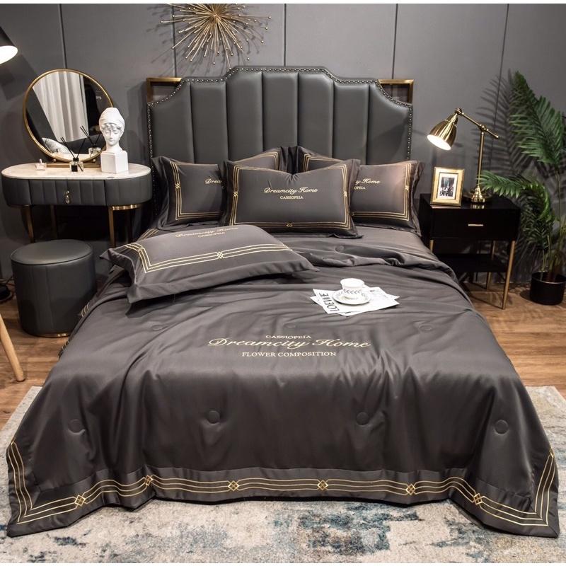 Bộ Chăn Trần Ga Và Gối Phi Lụa DreamCity Home Thêu 3 Sọc Tiện Lợi Cho Mùa Hè Thu ,Có Đủ Kích Thước Gường
