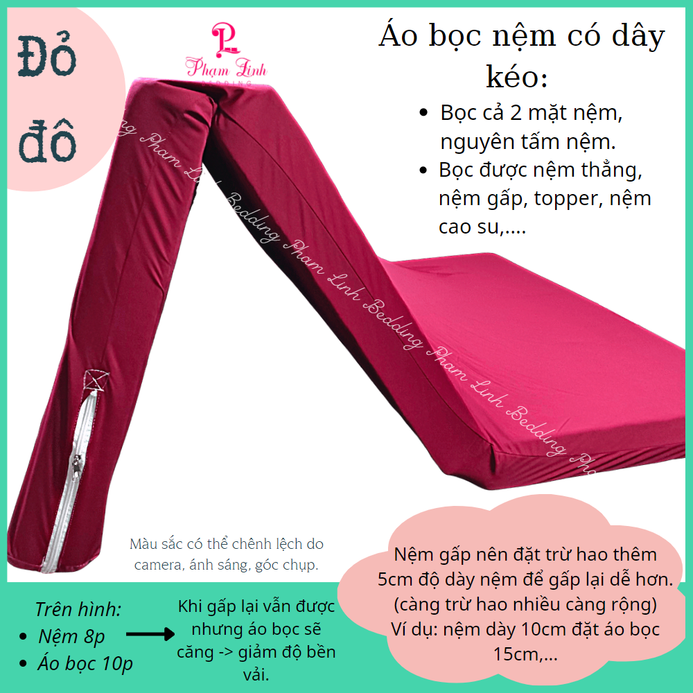 [Đỏ đô] Áo bọc nệm 2 mặt dây kéo vải thun sợi siu (silk) màu trơn Hàn Quốc vỏ bọc bảo vệ nệm co dãn  [Size từ 0,8m->2m2] [Độ dày: 5->30cm]