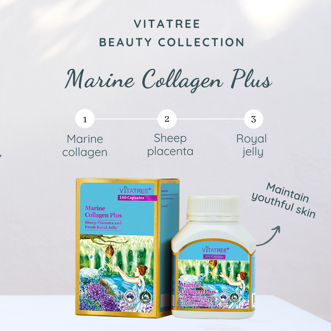 Collagen kết hợp Nhau thai Cừu và Sữa Ong Chúa Vitatree Marine Collagen Plus Giúp đẹp da, mờ vết thâm nám tàn nhang, mượt móng, dày tóc-OZ Slim Store