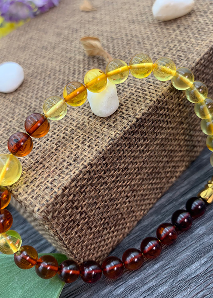 Vòng Tay Hổ Phách Nga Trẻ Em Hạt Tròn Vàng Nâu
