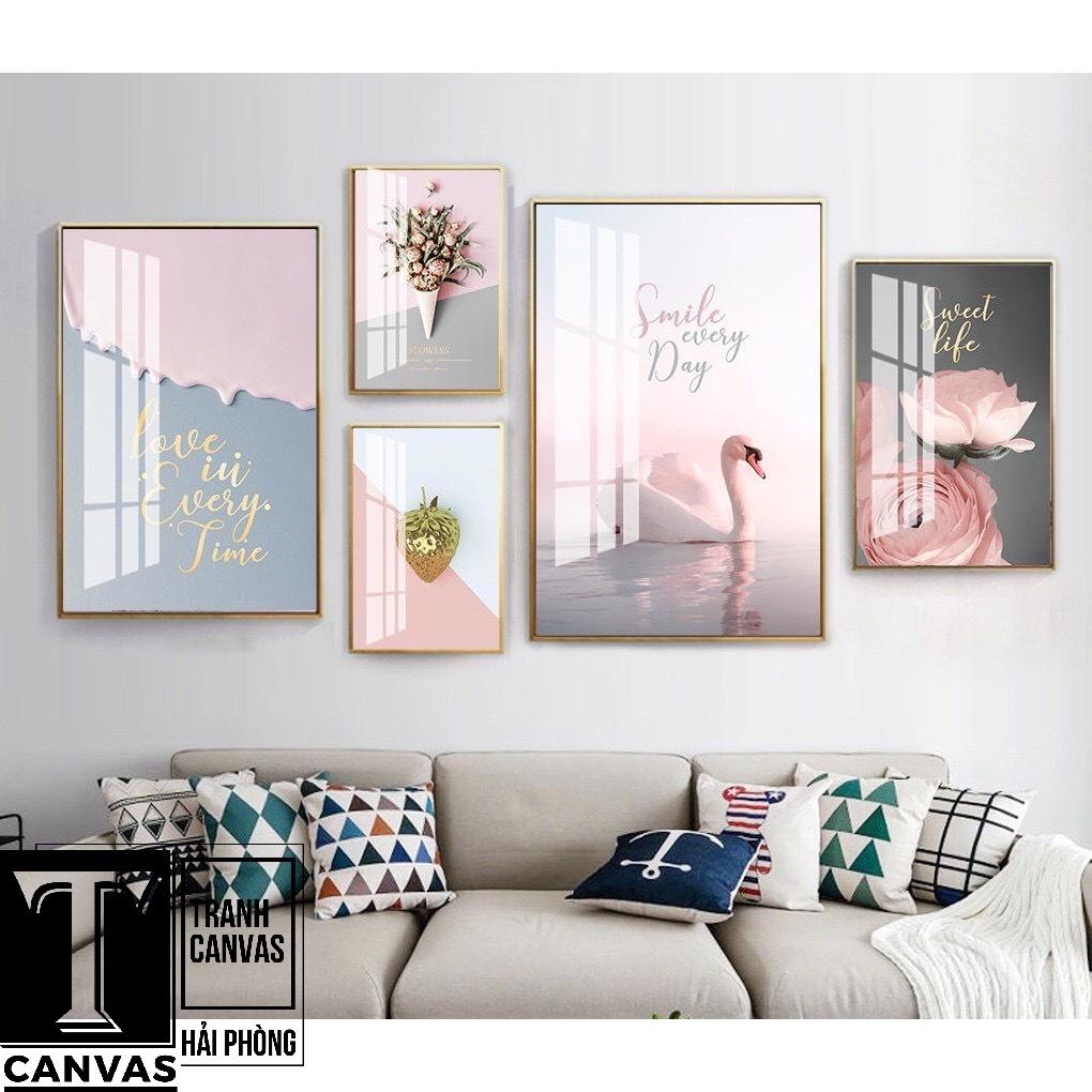 SET Tranh canvas treo tường phòng khách, tranh hiện đại nghệ thuật hoa màu hồng