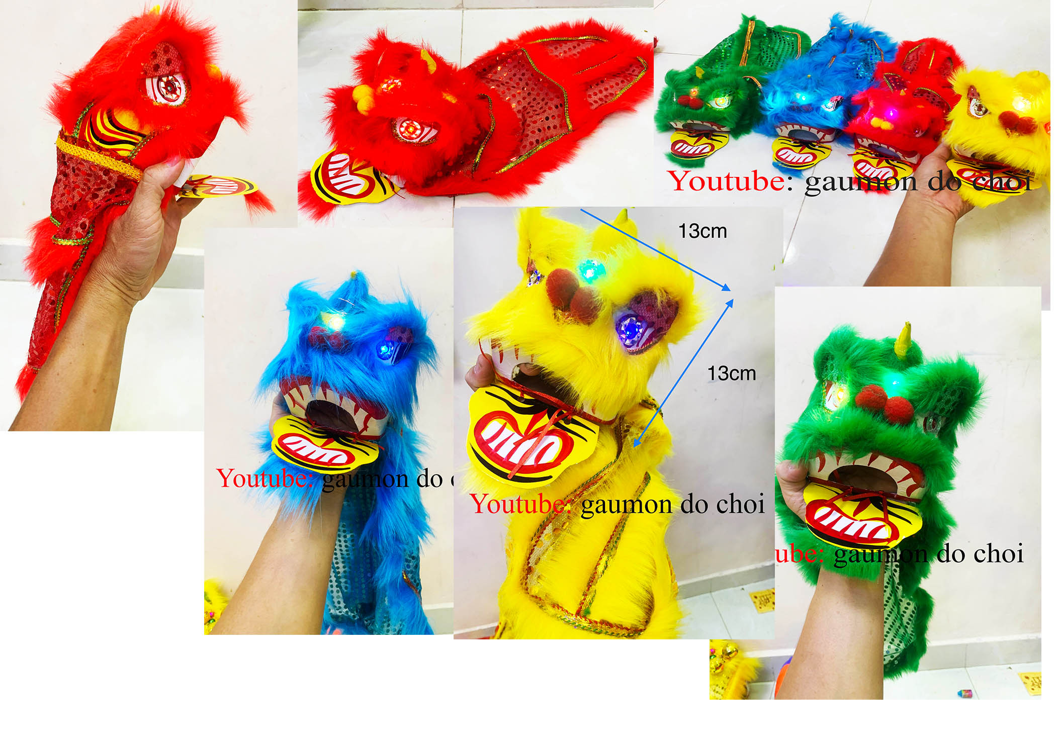 Đầu lân, sư tử, có đèn cử động chơp mắt rất đẹp, trông lân bằng da, đầu ông địa