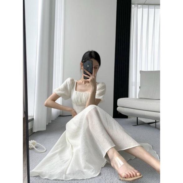 Đầm midi cổ vuông trắng tay phồng ngắn lụa phối voan đi biển dự tiệc cao cấp size S M L bigsize chiết eo tôn dáng xếp