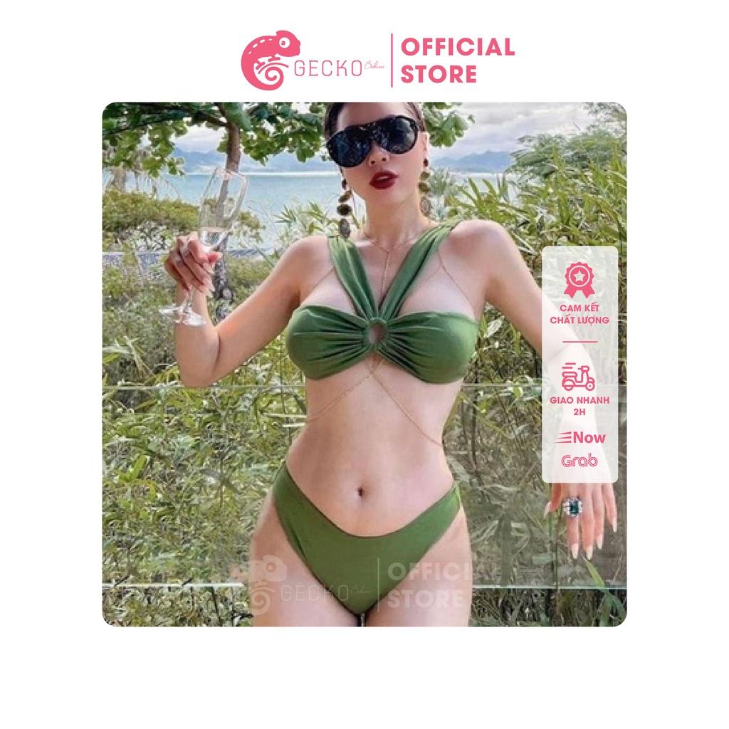 Set Bikini Đồ Bơi 3 Món Hồ Ngọc Hà Áo Khoen Tròn Váy Xoắn Eo Xanh Rêu Va Đen GK0321 (Ảnh Video, Màu Thật)