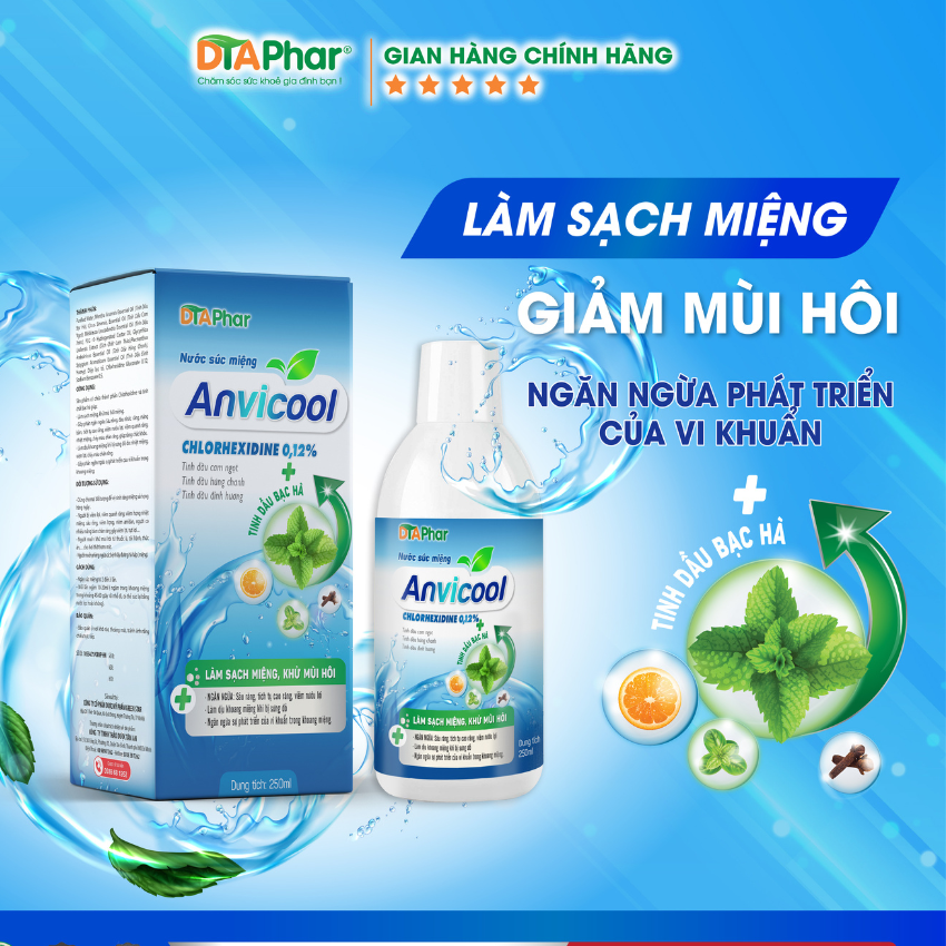 Nước súc miệng ANVICOOL Làm sạch miệng khử mùi hôi miệng góp phần ngăn ngừa sầu răng giúp răng chắc khoẻ - làm dịu khoang miệng khi bị nhiệt miệng Chai 250ml Tâm An Pharma