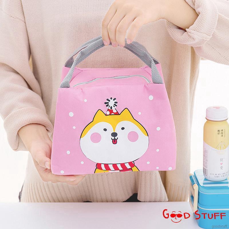 Túi đựng giữ nhiệt hộp cơm trưa bằng chất liệu canvas in họa tiết động vật dễ thương