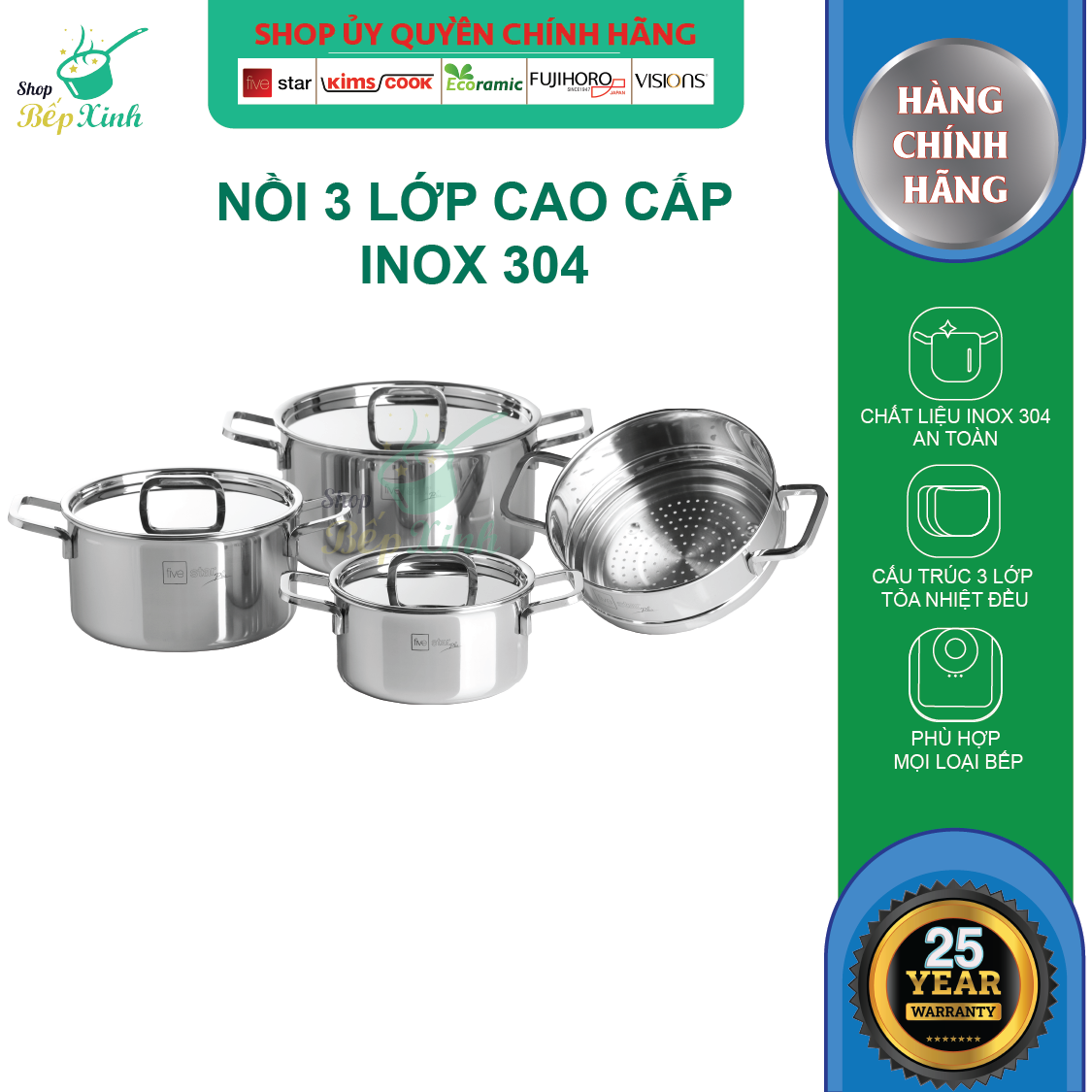 Bộ 4 Nồi Inox 304 3 Lớp Roman Fivestar Nắp Inox 07pcs FS07C Plus