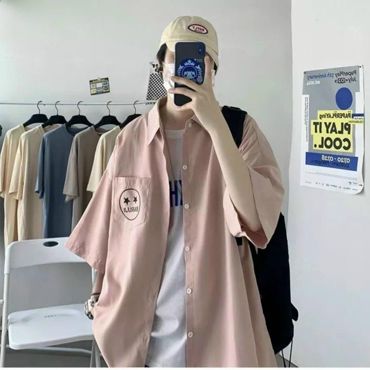 Áo Sơ Mi Tay Lỡ MẶT CƯỜI TÚI Chất Kaki Form rộng Unisex Nam/Nữ Phong Cách Hàn Quốc Ulzzang