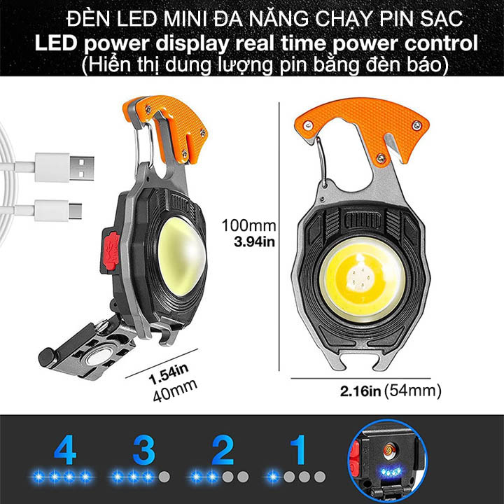 Đèn led mini kiêm móc khóa, tua vít, còi, quẹt điện, mở nắp chai đa năng dùng pin sạc