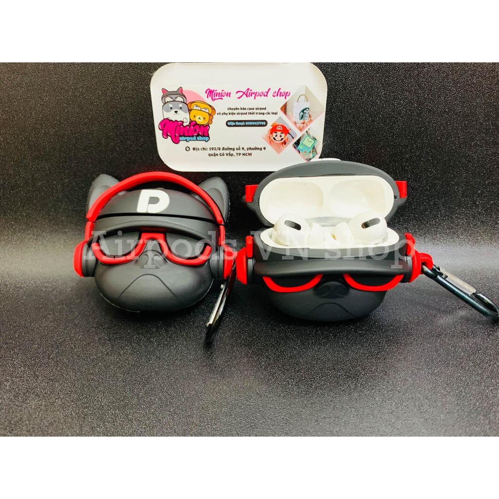 Bao Case Ốp dành cho Airpods 1/2 & Airpods Pro bulldog mang headphone đỏ silicon 3D cao cấp