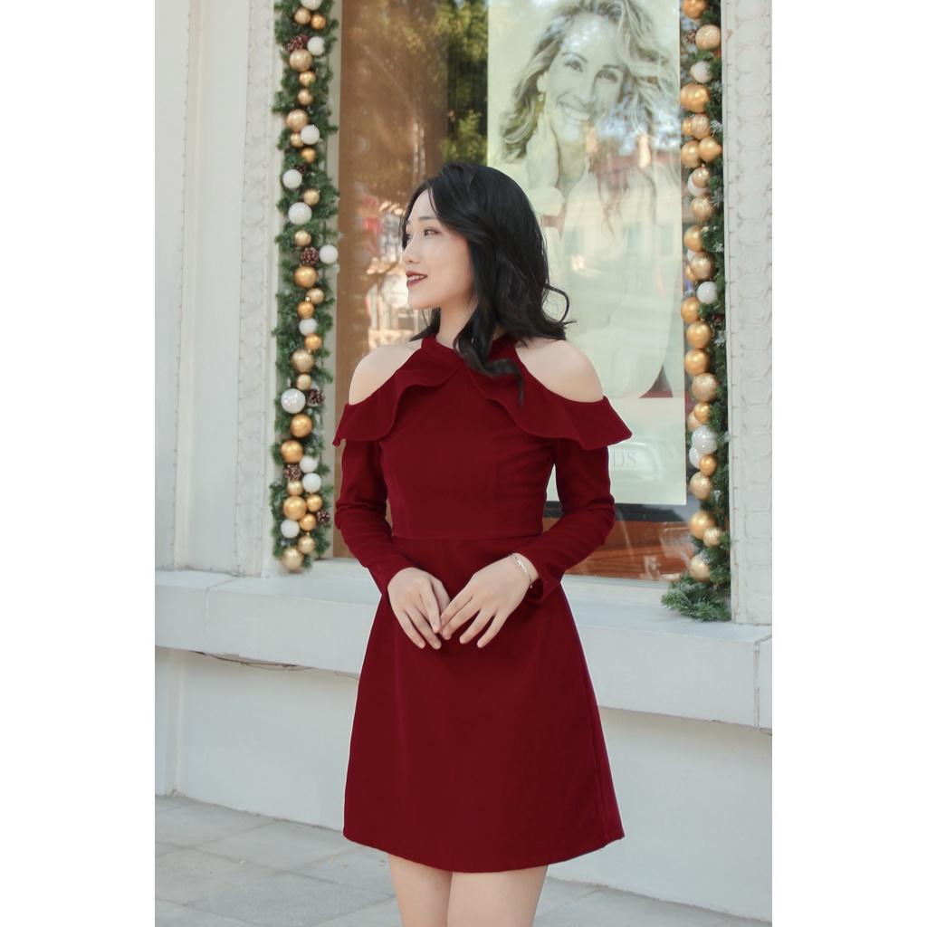 Váy nhung đỏ hở vai dáng ngắn có lớp lót đi chơi đi tiệc