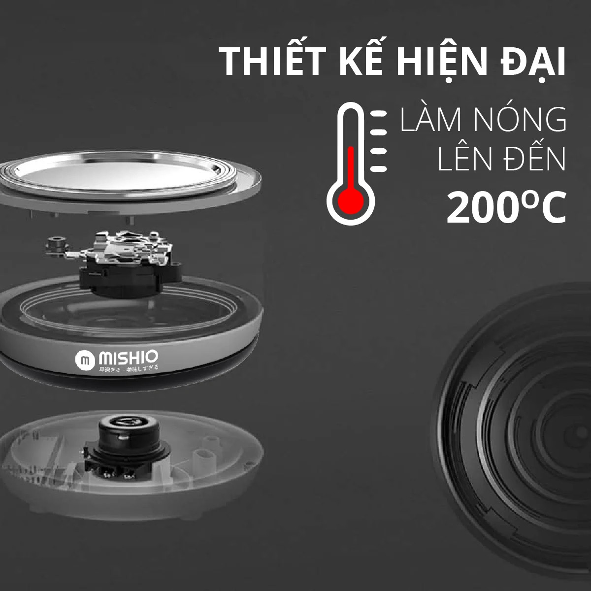 Bình đun 1.8L thủy tinh borosilicate mâm inox 304 Mishio MK341 - Hàng chính hãng