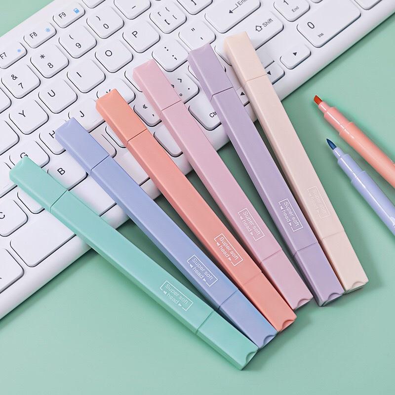 Sét 6 Bút highlight pastel 2 đầu, bút đánh dấu nhớ dòng morandi trang trí sổ bullet journal văn phòng phẩm