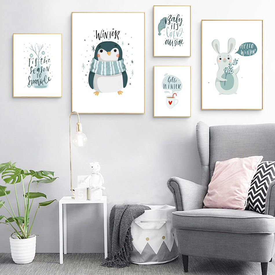 Bộ 5 tranh canvas treo tường Decor Hello winter (chim cánh cụt và thỏ trắng) - DC039