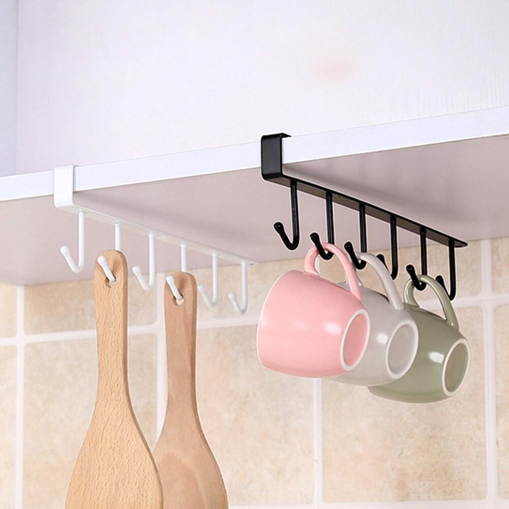 THANH SẮT 6 MÓC TREO ĐỒ ĐA NĂNG GẮN KẸP DƯỚI TỦ BẾP , TỦ QUẦN ÁO - KHUNG MÓC TREO ĐỒ GẮN TỦ , BÀN LÀM VIỆC