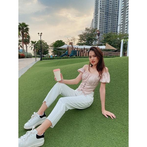 Quần jean baggy nữ trắng chỉ nổi cotton co dãn 4 chiều