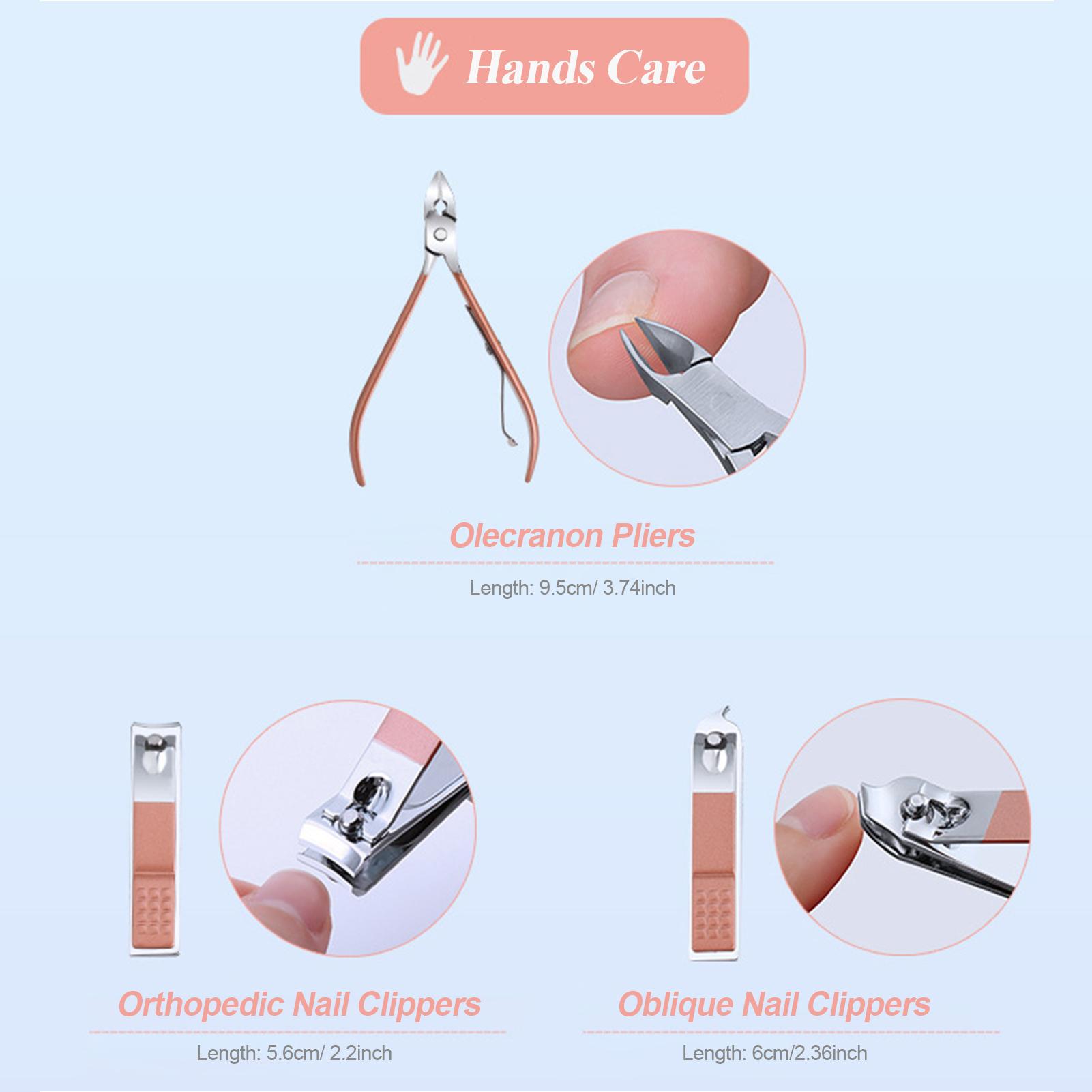 Bộ dụng cụ làm móng chuyên nghiệp Được làm bằng thép không gỉ cứng và bền đi kèm với một bao da tổng hợp di động được mở dễ dàng bằng một nút nhấn