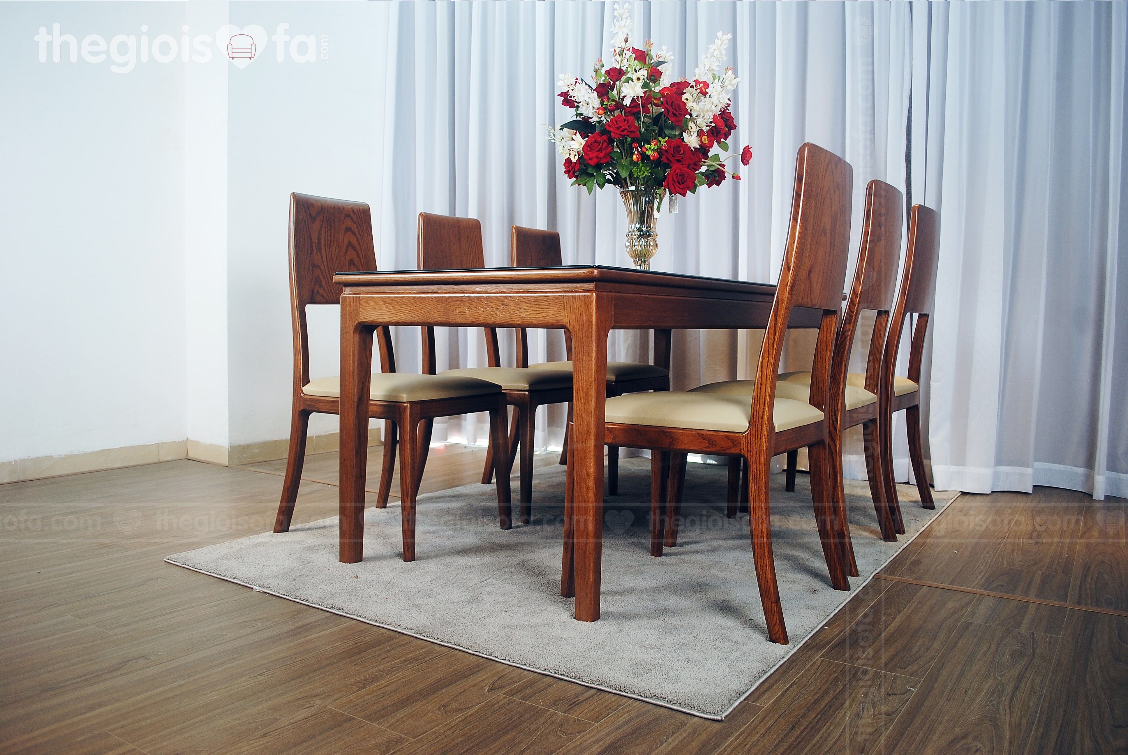 Bộ bàn ăn 6 ghế gỗ Sồi Greenwood – mặt kính cao cấp