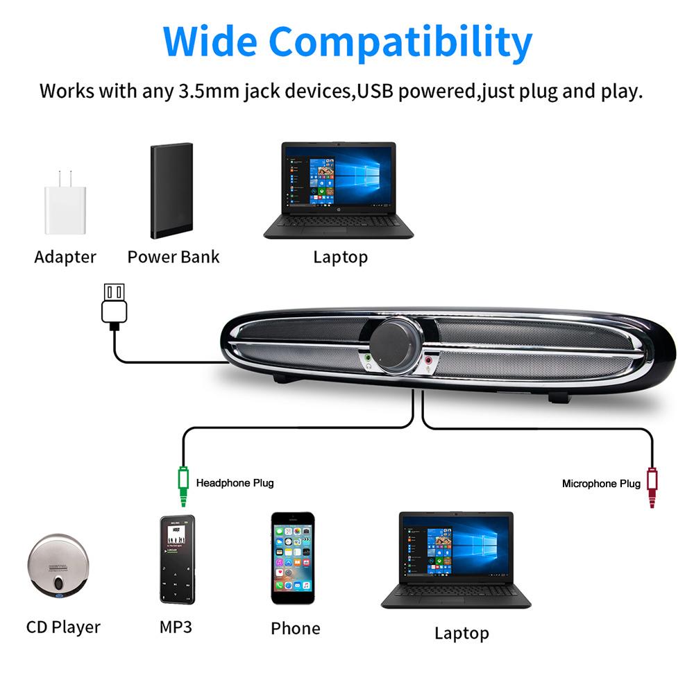 Loa Soundbar hổ trợ USB Smalody 3,5 mm,siêu trầm 10W/ Giắc cắm tai nghe micrô cho máy tính, để bàn,TV