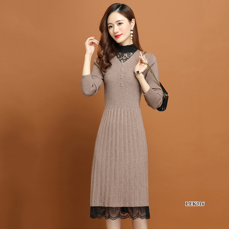 Váy len nữ phối ren thanh lịch sang trọng