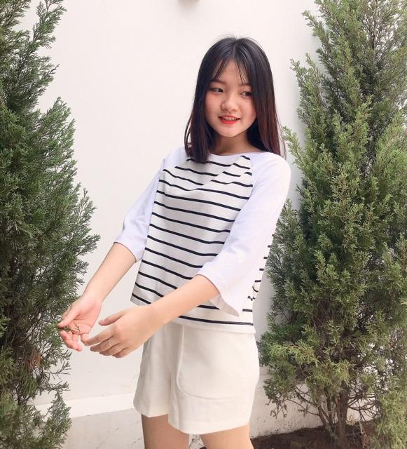 Áo thun sọc tay raplan Croptop Freesize - TP492