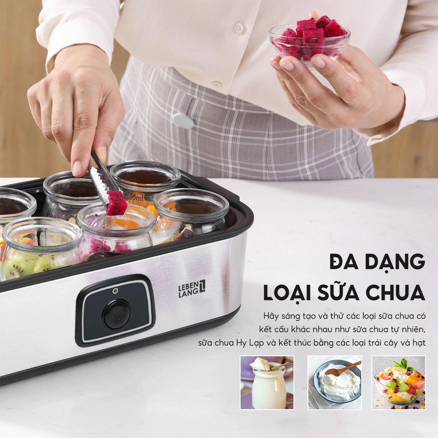 Máy làm sữa chua Lebenlang LBL9139, công suất 200W, dung tích 180ml, gồm 8 lọ thủy tinh, bảo hành 2 năm - hàng chính hãng