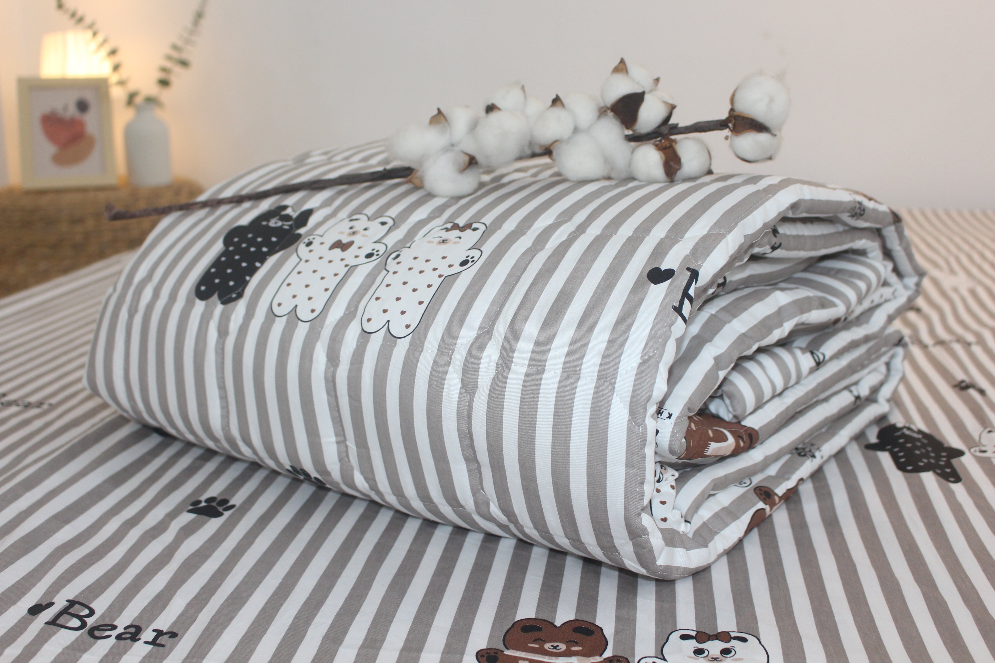 Bộ drap gối KHA LY - 100% cotton thiên nhiên - VN293 Gấu Sọc Nâu