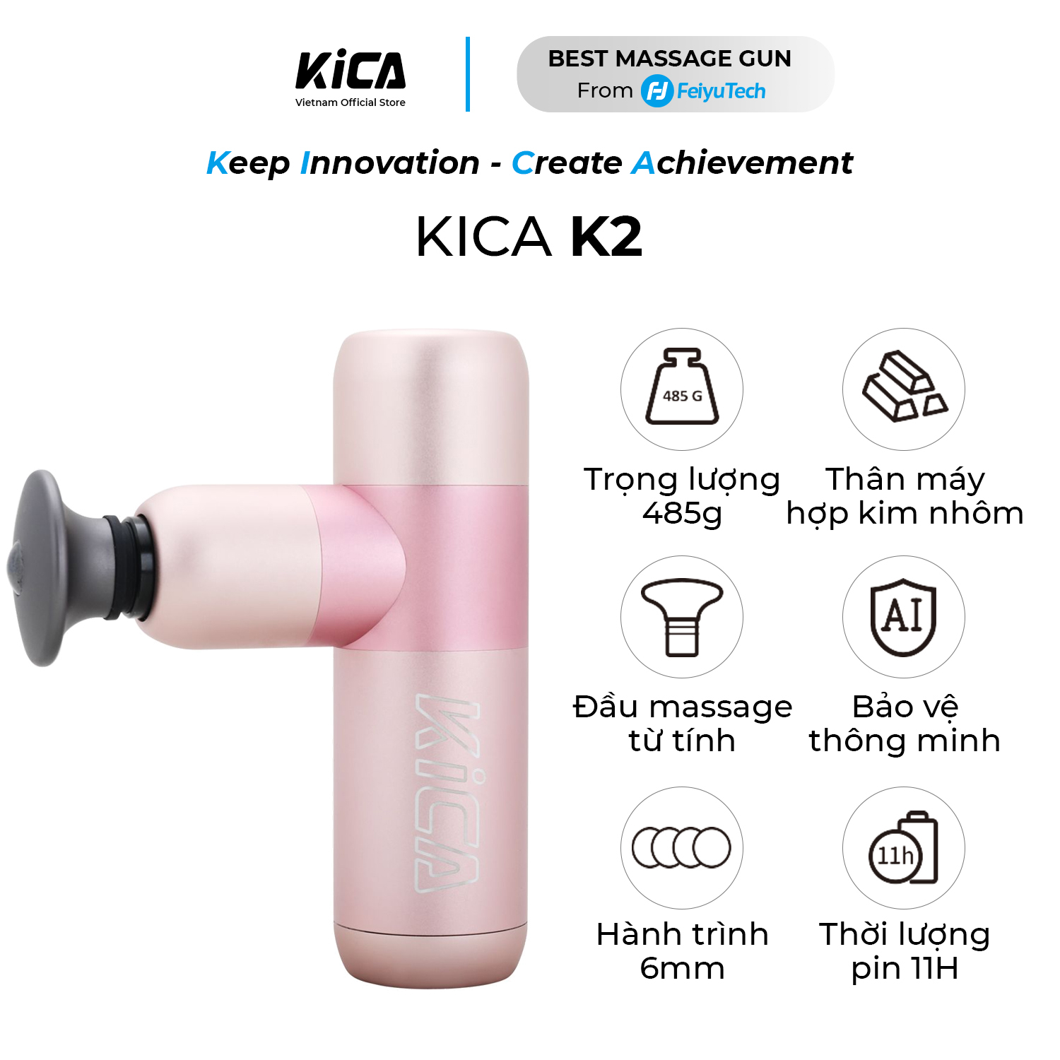 MUA 1 ĐƯỢC 5 - Máy Massage Mini Cầm Tay KICA K2, Súng Mát Xa 4 Cấp Độ, Hỗ Trợ Massage Chuyên Sâu, Giảm Đau Cơ, Cứng Khớp Hiệu Quả Nhanh Chóng, Đi Kèm 4 Đầu Chuyên Dụng - Hàng Chính Hãng