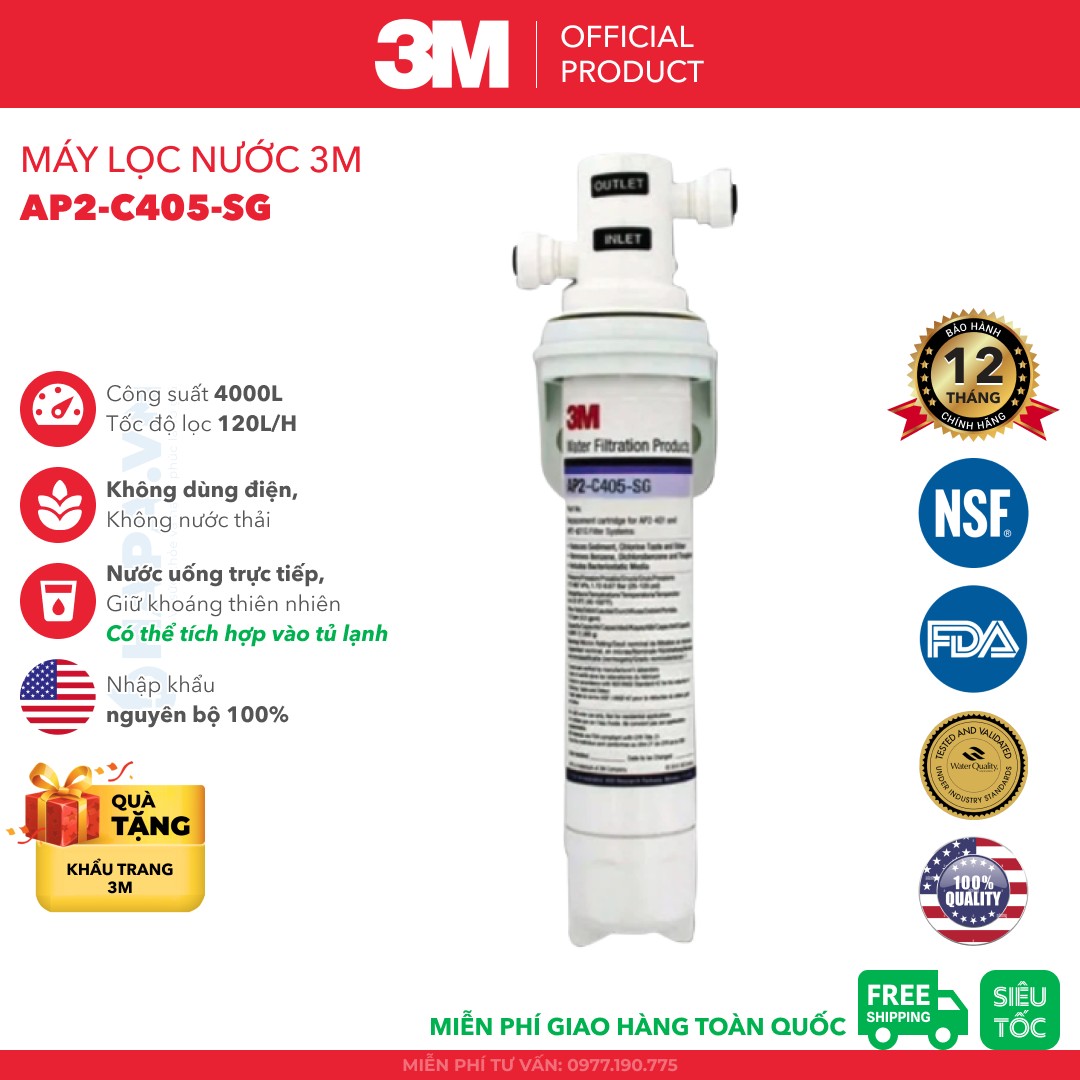 Máy Lọc Nước 3M Mini Fitler AP2-C405-SG Nước Uống Trực Tiếp Hoặc Gắng Vào Tủ Lạnh Side-By-Side - Hàng Chính Hãng 3M