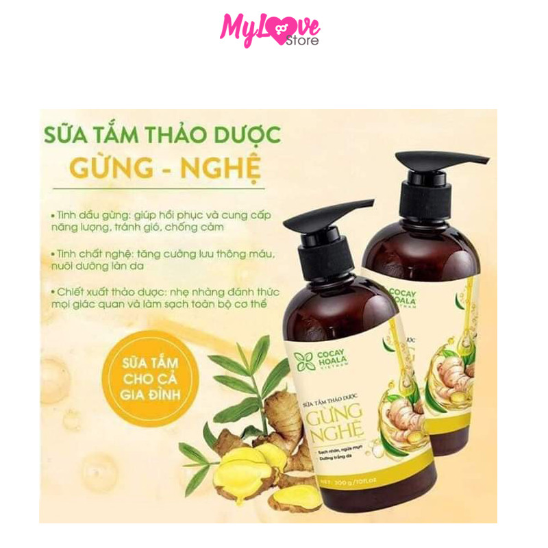 Sữa Tắm Thảo Dược Gừng Nghệ Cocayhoala Phòng Cảm Tránh Gió - Dưỡng Trắng - Mờ Thâm - Ngăn Ngừa Mụm, Chai 300 gram