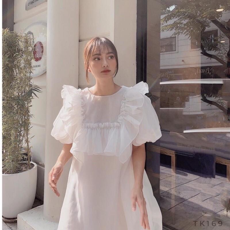 Đầm babydoll voan xốp viền bèo có ảnh thật
