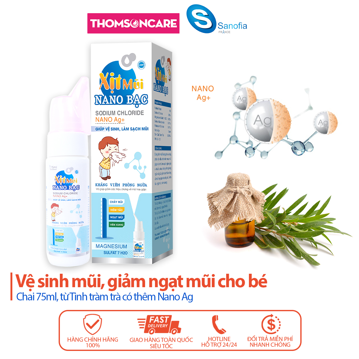 Xịt mũi cho bé Sanofia - giúp giảm ngạt mũi, làm sạch, ngăn ngừa vi khuẩn từ tinh dầu tràm trà - Chai 75ml Thomsoncare