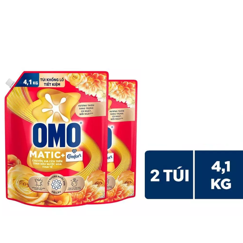 Combo 2 Túi Nước Giặt Omo Matic Máy Giặt Cửa Trên Hương Comfort Tinh Dầu Thơm Xoáy Bay Vết Bẩn Thơm Bền Lâu 4.1Kg
