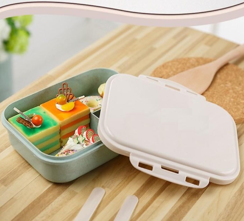 Hộp đựng cơm 3 ngăn lúa mạch kèm muỗng nĩa
