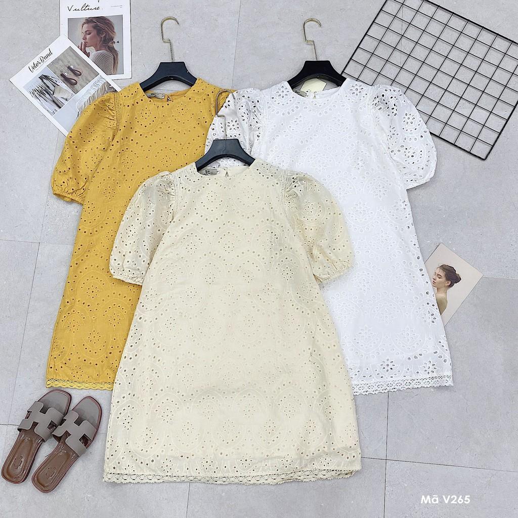 Váy suông phối ren, cổ tròn, tay phồng bo chun, đầm xuông freesize 3 màu vàng, trắng, be mã V265 - Michi's House