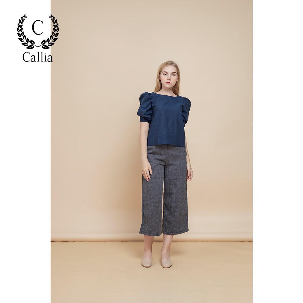 Áo nữ kiểu Callia Puff top Blue cổ tròn tay bồng