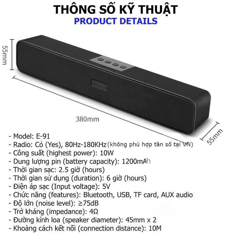 Loa Thanh Soundbar 2.2 Bluetooth Music-F E91 10W, Pin Dung Lượng Lớn, Âm Thanh Sống Động, Hỗ Trợ Thẻ Nhớ,USB, Jack 3.5