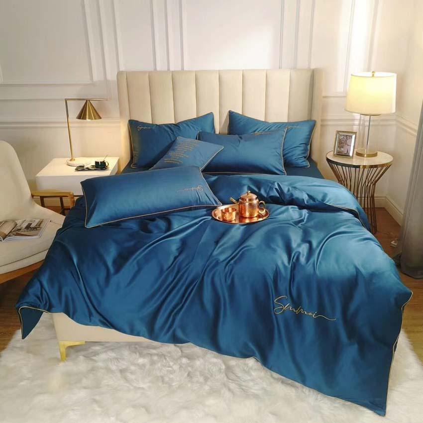 Bộ Chăn Ga Gối Lụa Tencel 60s Đơn Sắc LIDACO Cao Cấp - Xanh Biển