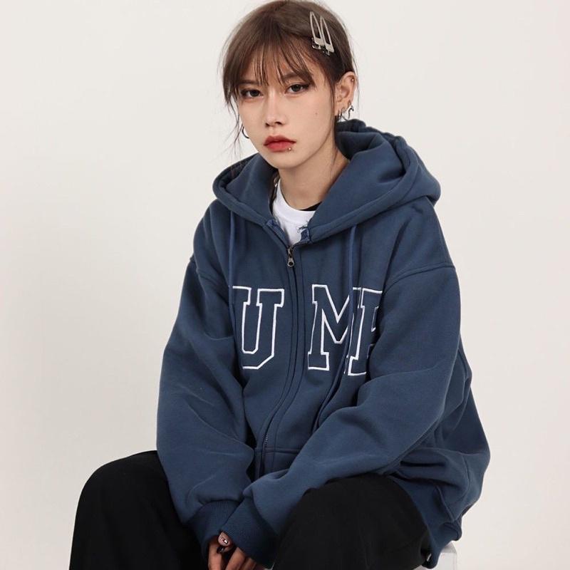 Áo hoodie, Áo khoác nỉ bông dày dặn màu xanh than JUMP khoá kéo zip dày dặn cá tính