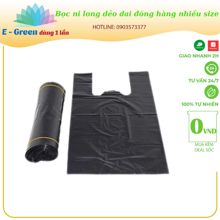 Bịch nilon, bọc nilon quai xách màu đen dẻo dai đựng rác, đóng hàng nhiều size - 1kg - E Green Dùng 1 Lần