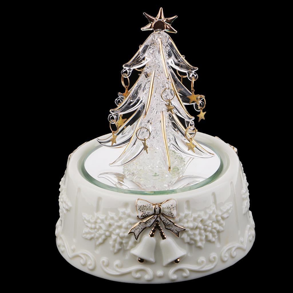Christmas Tree Wind Up Rotate Music Box Spun Glass Art Crafts for Collection