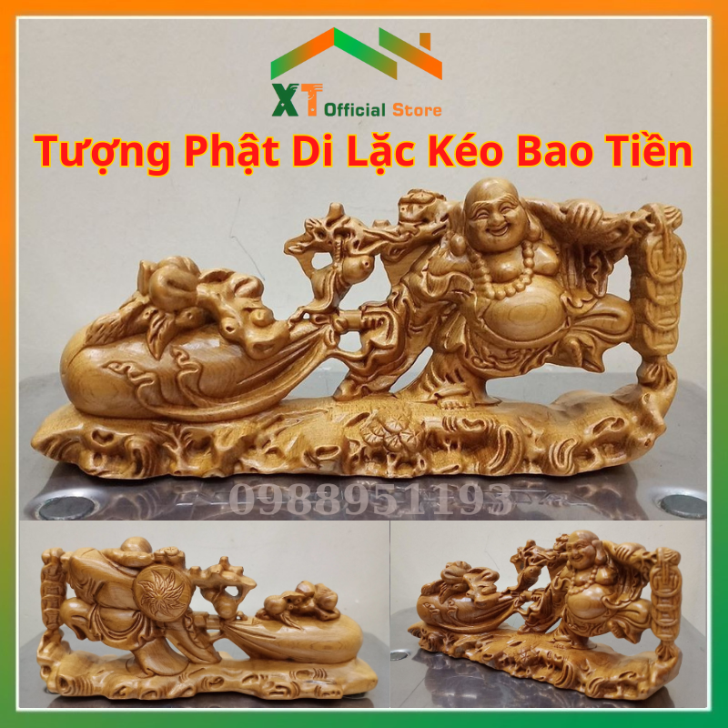 Tượng Phật Di Lặc Kéo Bao Tiền Để oto, bàn làm việc, Tượng Di Lặc Gỗ Bách Xanh Thu Hút Tài Lộc