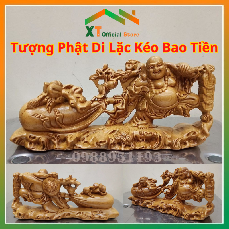 Tượng Phật Di Lặc Kéo Bao Tiền Để oto, bàn làm việc, Tượng Di Lặc Gỗ Bách Xanh Thu Hút Tài Lộc