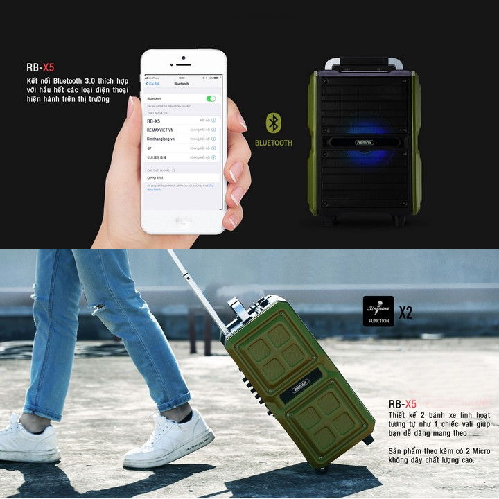 Loa Bluetooth Remax RB-X5 có quai xách Vali kèm Micro không dây - Hàng nhập khẩu