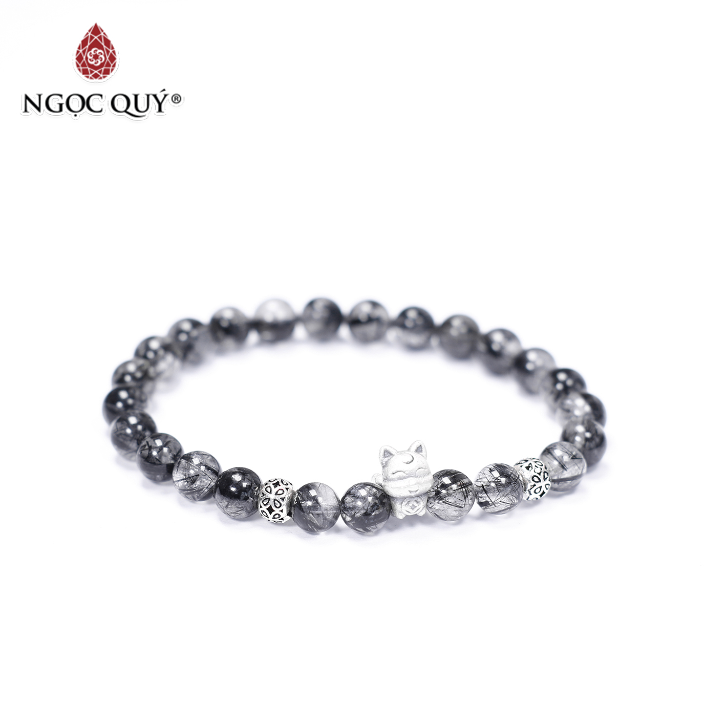 Vòng tay đá thạch anh tóc đen phối hồ ly 9 đuôi size hạt 7mm mệnh thủy, mộc - Ngọc Quý Gemstones