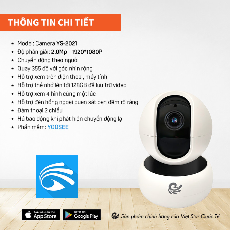 Camera Wifi Trong Nhà Viet Star Quoc Te Model YS-2021, Độ Phân Giải 2.0Mpx, Đàm Thoại 2 Chiều - Hàng Chính Hãng