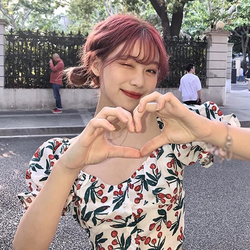 Áo Kiểu Tay Phồng Cổ Vuông Hoạ Tiết Hoa Phong Cách Vintage