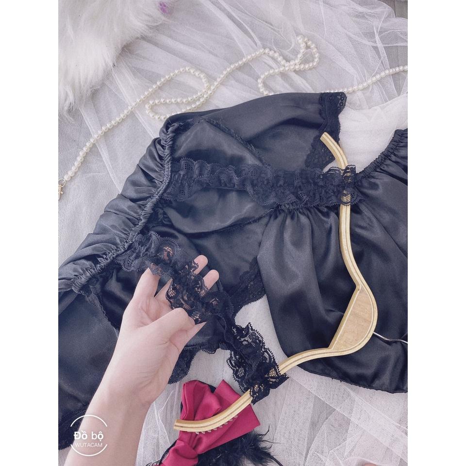 Đồ ngủ sexy nữ, đồ ngủ 2 dây có mút ngực màu đen