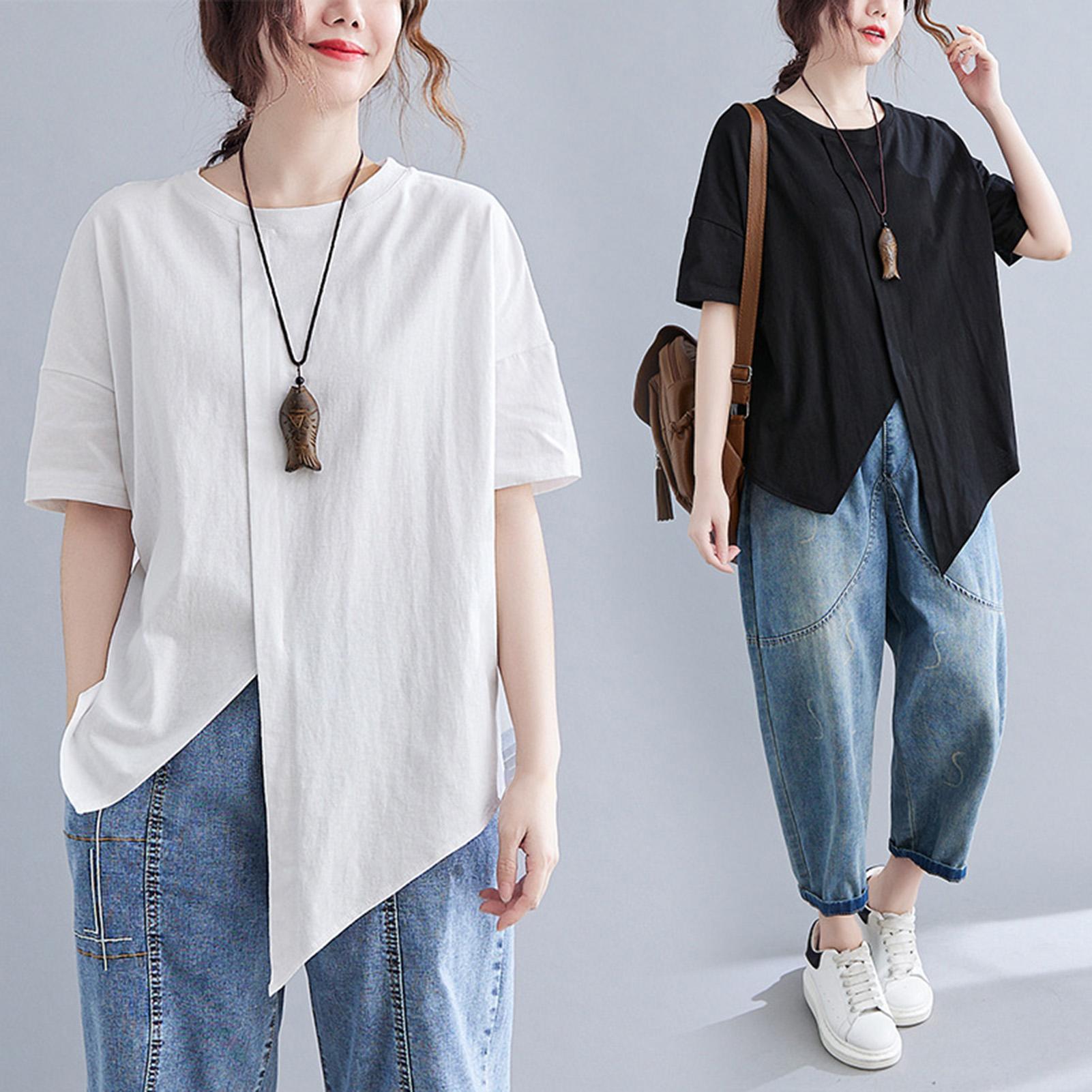 Fashion Women Solid Color T-shirt O Neck Short Sleeve Splicing Irregular Hem Loose Casual Shirt Top